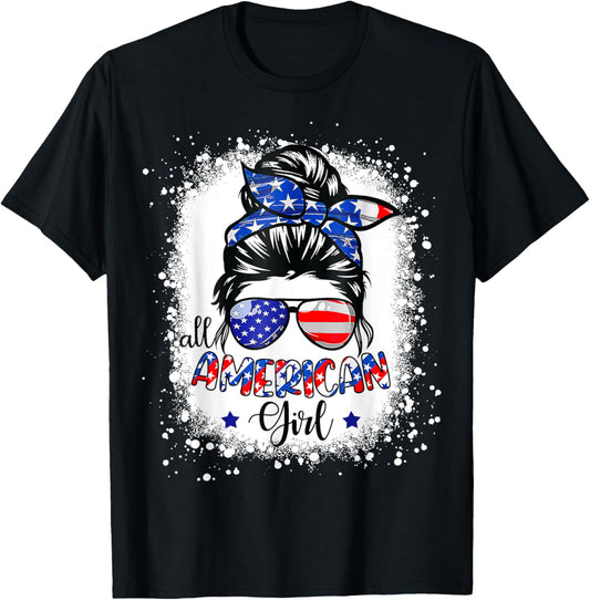 All American Girl Shirt USA Flag 4th July Women Kid Bleached T-Shirt
