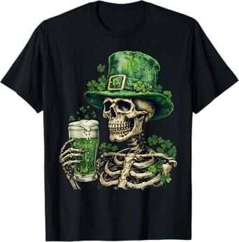 Skeleton Skull Drinking Beer Dead Inside St. Patrick's Day T-Shirt