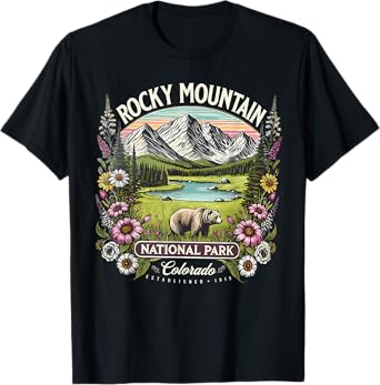Vintage Colorado Rocky Mountain National Park Floral Bear T-Shirt