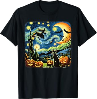 Halloween Witch Van Gogh Starry Night Black Cat Pumpkin Bats T-Shirt