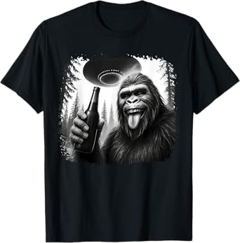 Sasquatch Drinking Beer UFO Encounter Funny T-Shirt