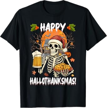 Happy Hallothanksmas Skeleton Drinking Beer & Santa Hat Men T-Shirt