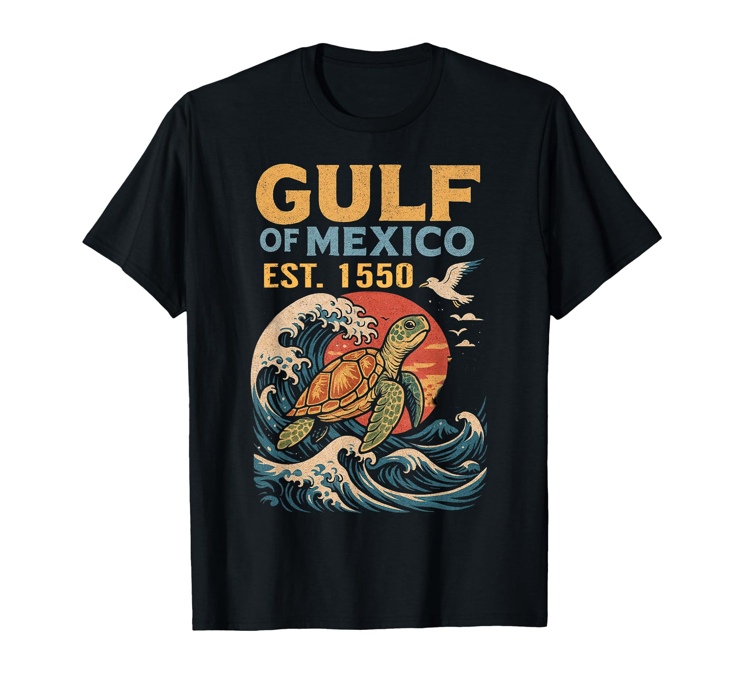 Retro Vintage Gulf of Mexico Est 1550 Turtle Sea Art Design T-Shirt