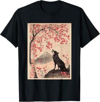 Howling Wolf and Cherry Blossom tree Japanese Woodblock art T-Shirt