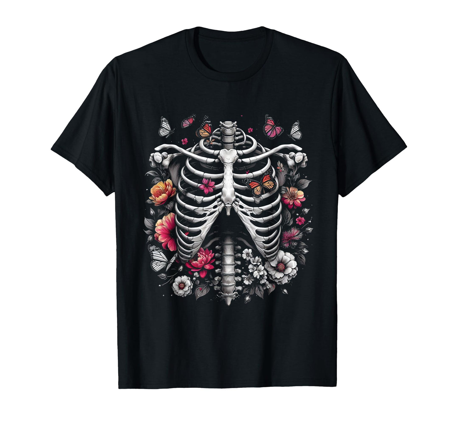 Floral Skeleton Ribcage and Butterflies Spooky Halloween T-Shirt