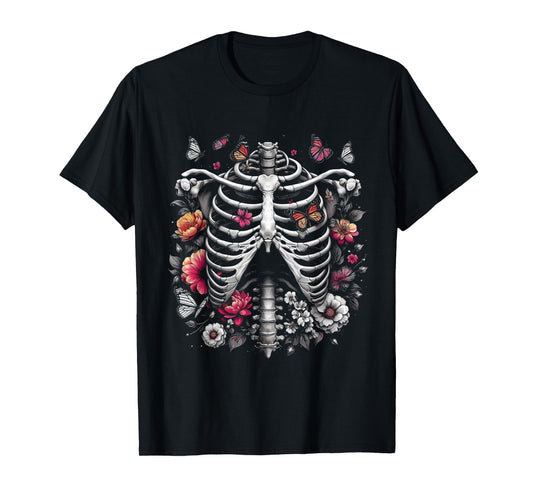 Floral Skeleton Ribcage and Butterflies Spooky Halloween T-Shirt