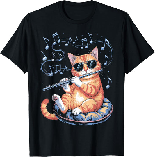 Marching Band Musician Flutist Cat Playing Flute Player T-Shirt