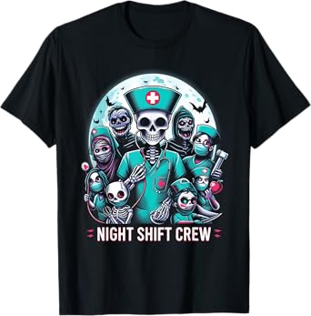 Night-Shift Crew Ghost Skeleton Zombie Funny Halloween Nurse T-Shirt