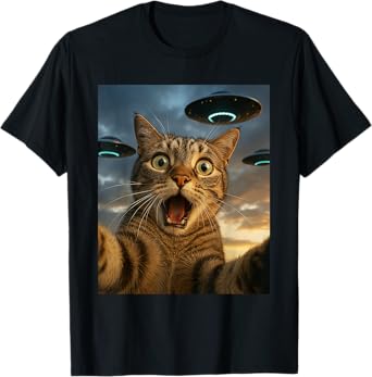 Funny Cat Selfie with UFOs Men Women Kids T-Shirt