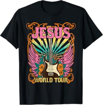 Jesus World Tour Retro 70s 80s Rock Concert Guitar Christian T-Shirt