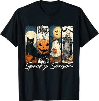 Retro Spooky Season Black Cat Ghost Pumpkin Halloween Women T-Shirt