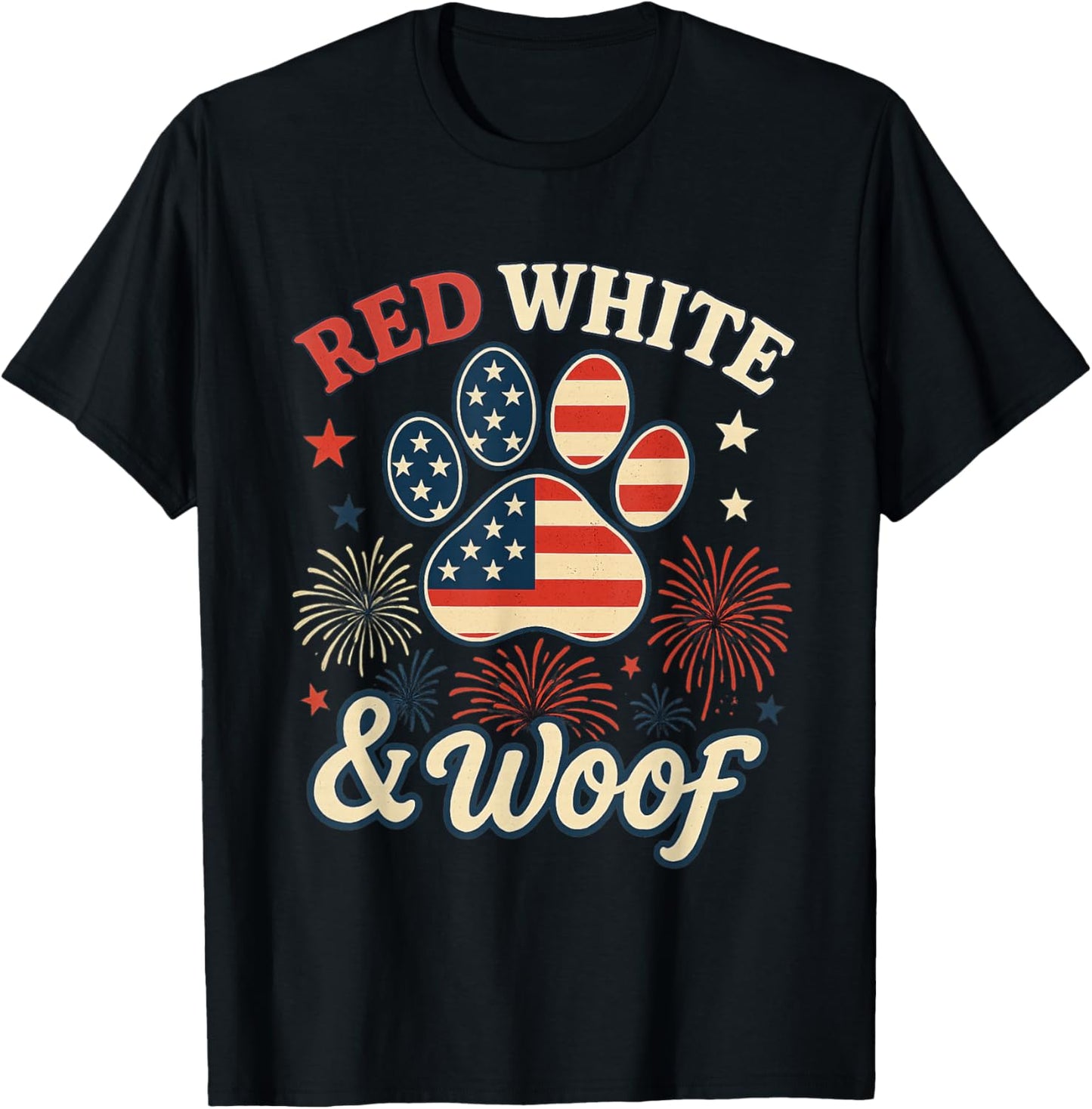 Red White & Woof Patriotic Dog Paw Fireworks Design T-Shirt