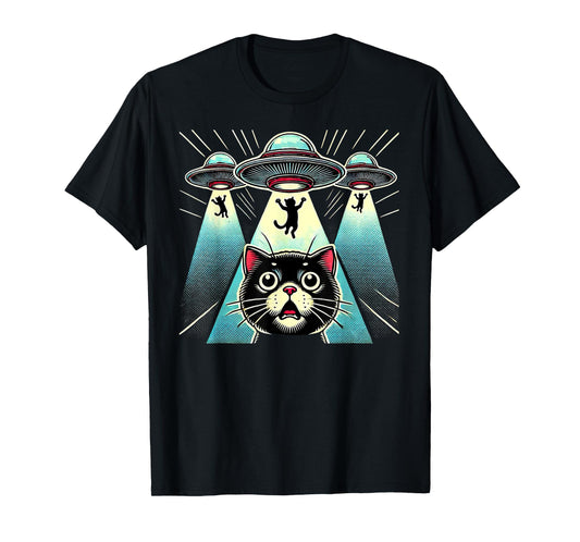 Funny UFO Cat Alien Abduction Spaceship Outerspace T-Shirt for Men Women Kids