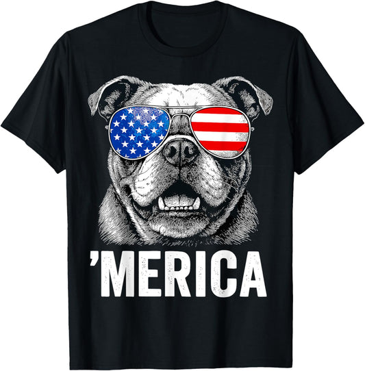 English Bulldog 4th of July Merica Men Women USA Flag T-Shirt