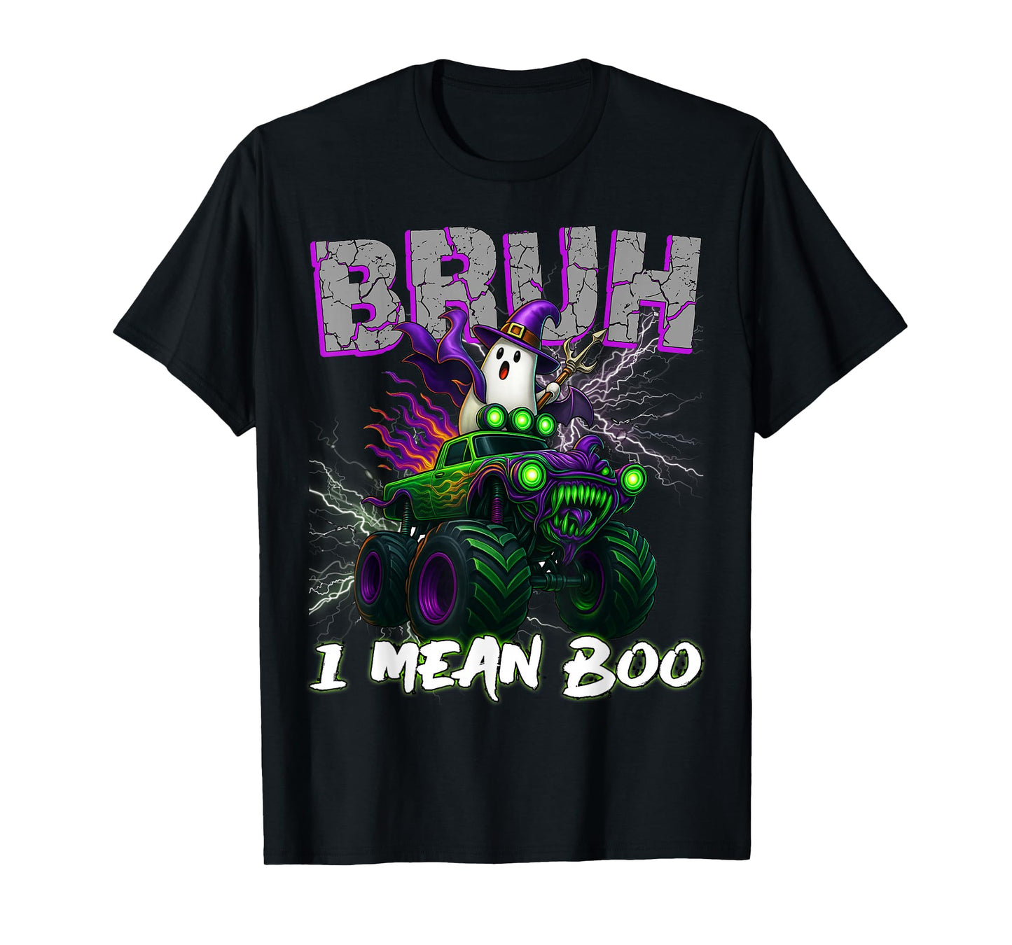 Bruh I mean Boo Riding Monster Truck Halloween Boys Kids T-Shirt
