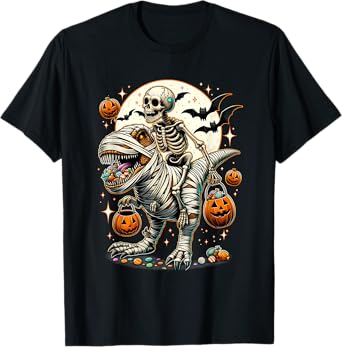 Skeleton Riding Mummy Dinosaur T Rex Kids Boys Men Halloween T-Shirt