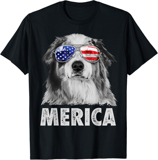 Aussie Australian Shepherd 4th of July Merica American Flag T-Shirt