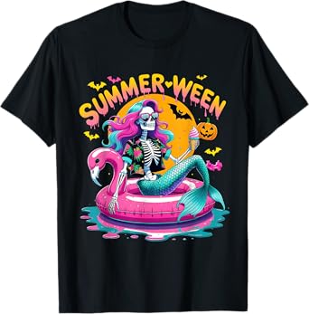 Summerween Vibes Spooky Summer Mermaid Skeleton Halloween T-Shirt
