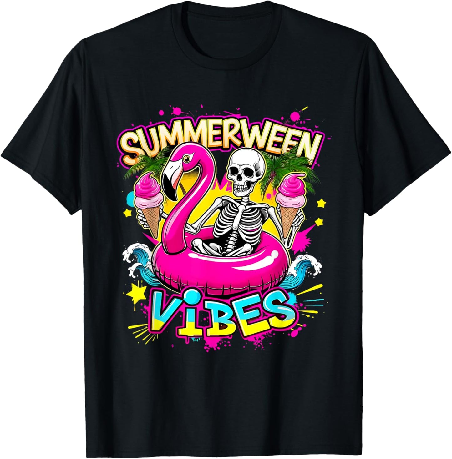 Funny Skeleton Summerween Vibes Flamingo Pool Ice Cream T-Shirt