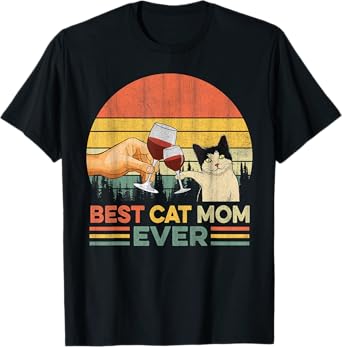 Vintage Best Cat Mom Ever Wine Drinking Women T-Shirt