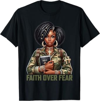 Faith Over Fear Christian Camo African American Afro Women T-Shirt