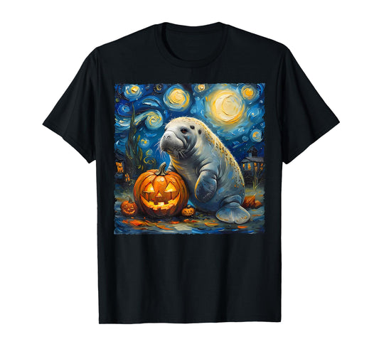 Manatee Pumpkin Van Gogh The Starry Night Halloween Artwork T-Shirt