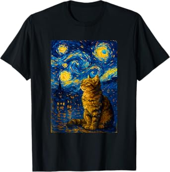 Swirling Sky Cat Painting Art Funny Graphic Vintage T-Shirt
