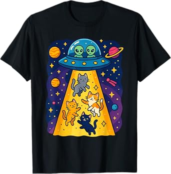 Cute Cats Alien Abduction UFO Spaceship For Girls Boys Kids T-Shirt