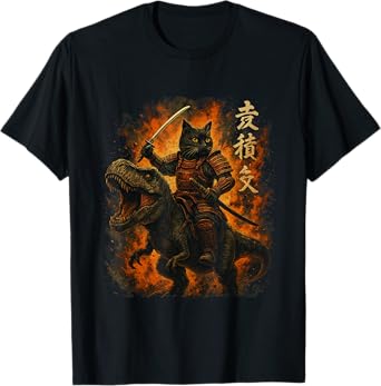 Samurai Cat Riding Dinosaur Japanese Black Cat Kanji T-Shirt