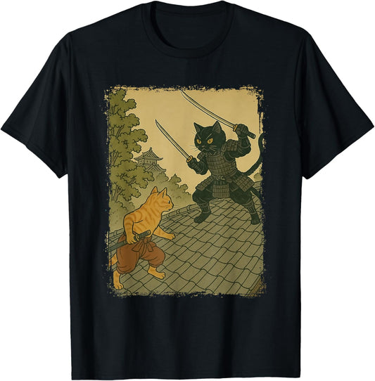 Samurai Cat Duel on Rooftop Vintage Ukiyo-e Style Warrior T-Shirt