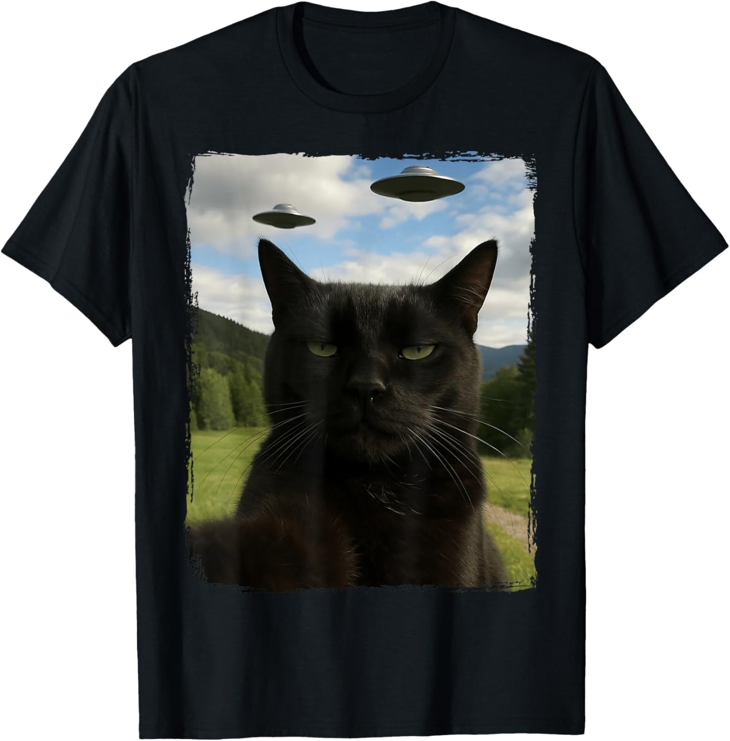 Black Cat UFO Graphic T-Shirt for Cat Lovers