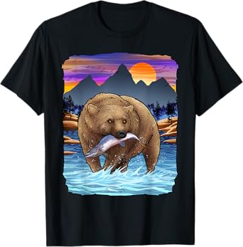Grizzly Bear Catching Salmon Alaska Fishing Nature Lover T-Shirt
