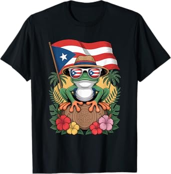 Puerto Rico Boricua Coqui Frog Taino Sun Puerto Rican Flag T-Shirt