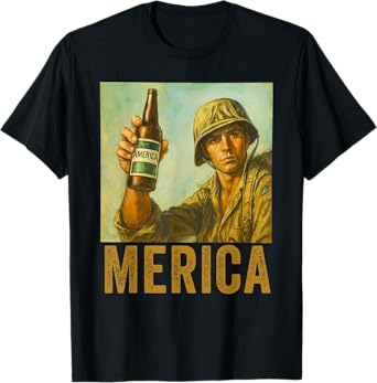 Vintage Patriotic Soldier Holding Beer Bottle America T-Shirt