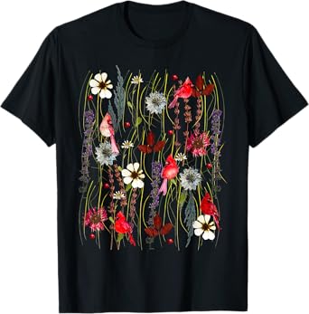 Vintage Cottagecore Wildflower Red Cardinal Bird Lover T-Shirt