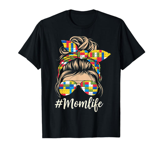 Building Block Messy Bun Mom Life Master Builder Mothers Day T-Shirt