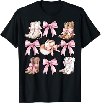 Coquette Cowgirl Boots With Pink Bows Aesthetic Y2K Womens T-Shirt