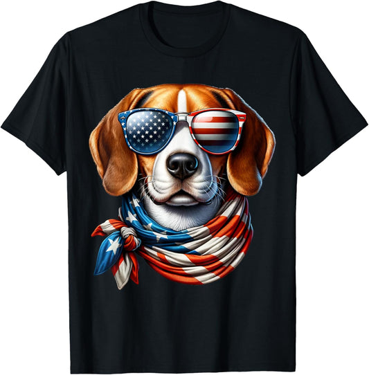 Beagle Wearing USA Flag Sunglasses 4th of July Patriotic Dog T-Shirt