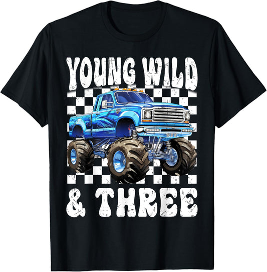 3 Years Old Kids Young Wild & Three Monster Truck Birthday T-Shirt