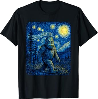 Bigfoot Starry Night Sasquatch Van Gogh Sky Painting Art T-Shirt