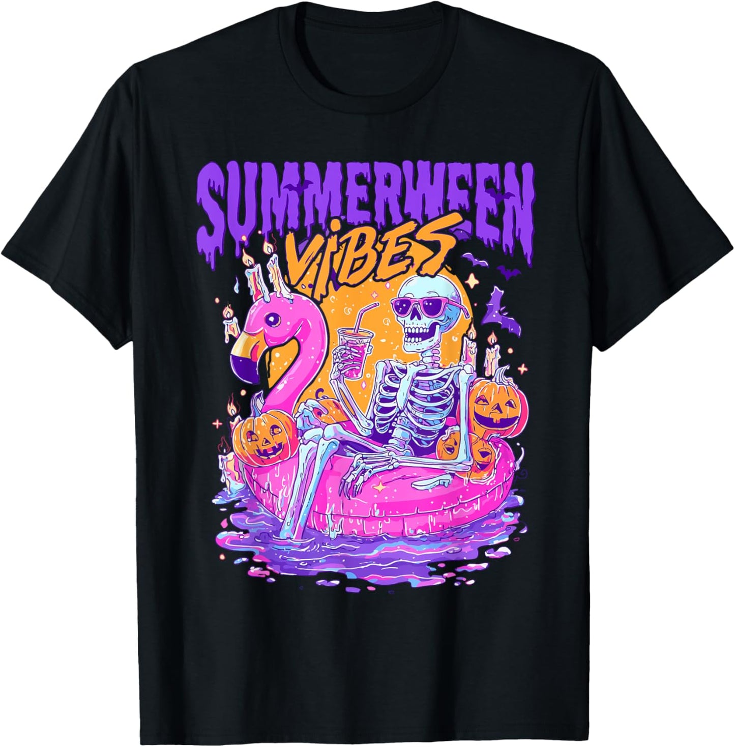 Summerween Vibes Spooky Skeleton Flamingo Pool Halloween T-Shirt