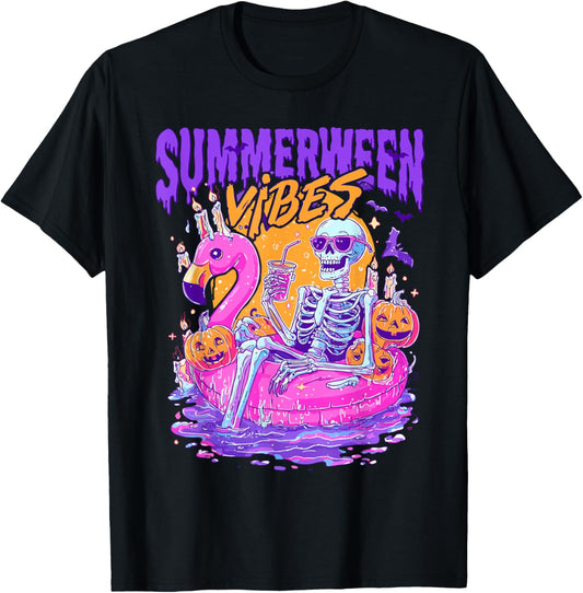 Summerween Vibes Spooky Skeleton Flamingo Pool Halloween T-Shirt