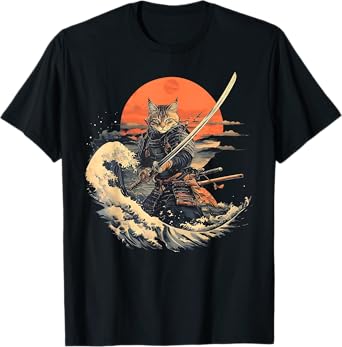 Samurai Cat Graphic Tee Warrior Vintage Japanese Art Anime T-Shirt for Men Women Girls Kids