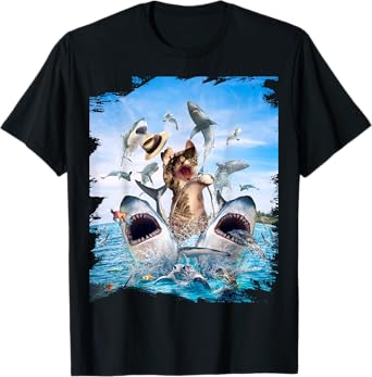 Cat Riding Shark, Beach Ocean Cats Sharks, Sunglasses Funny T-Shirt