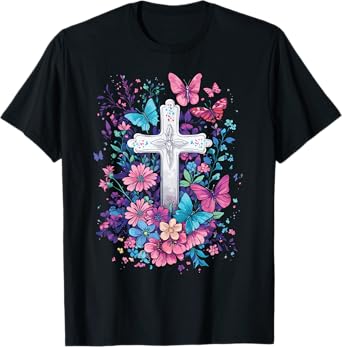 Christian Cross With Floral Butterflies for Easter T-Shirt