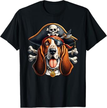 Basset Hound Pirate Crossbones Halloween Mens Womens Kids T-Shirt