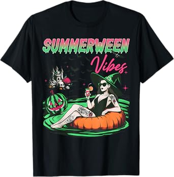 Funny Summerween Vibes Pumpkin Spooky Vacation Summer Beach T-Shirt
