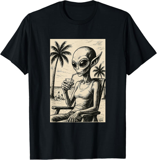 Chill Alien Beach Vibes Funny Retro Sci-Fi Vacation alien T-Shirt