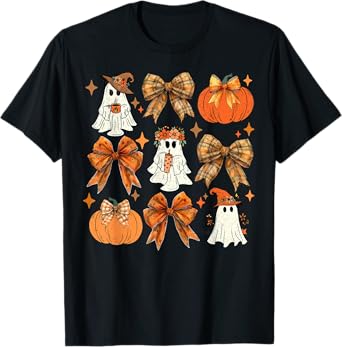 Funny Halloween Fall Coquette Bow Pumpkin Cute Ghost Costume T-Shirt