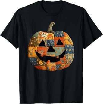 Vintage Patchwork Pumpkin Quilted Halloween Fall Aesthetic T-Shirt